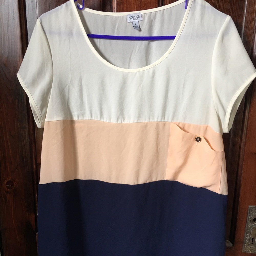 White, peach and navy striped blouse.